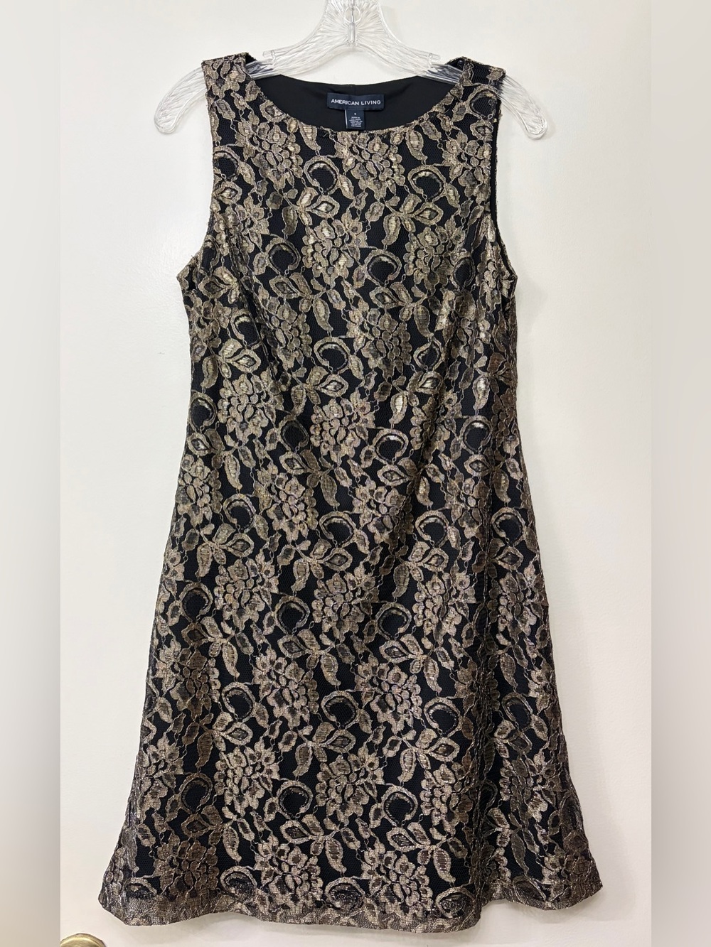 American Living Black and Gold Stretch Lace Sleeveless Dress Size 8 NEW